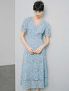 Blue Floral Lace V-Neck Midi Dress