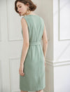 Sage Green Belted Sleeveless Midi Sheath Dress