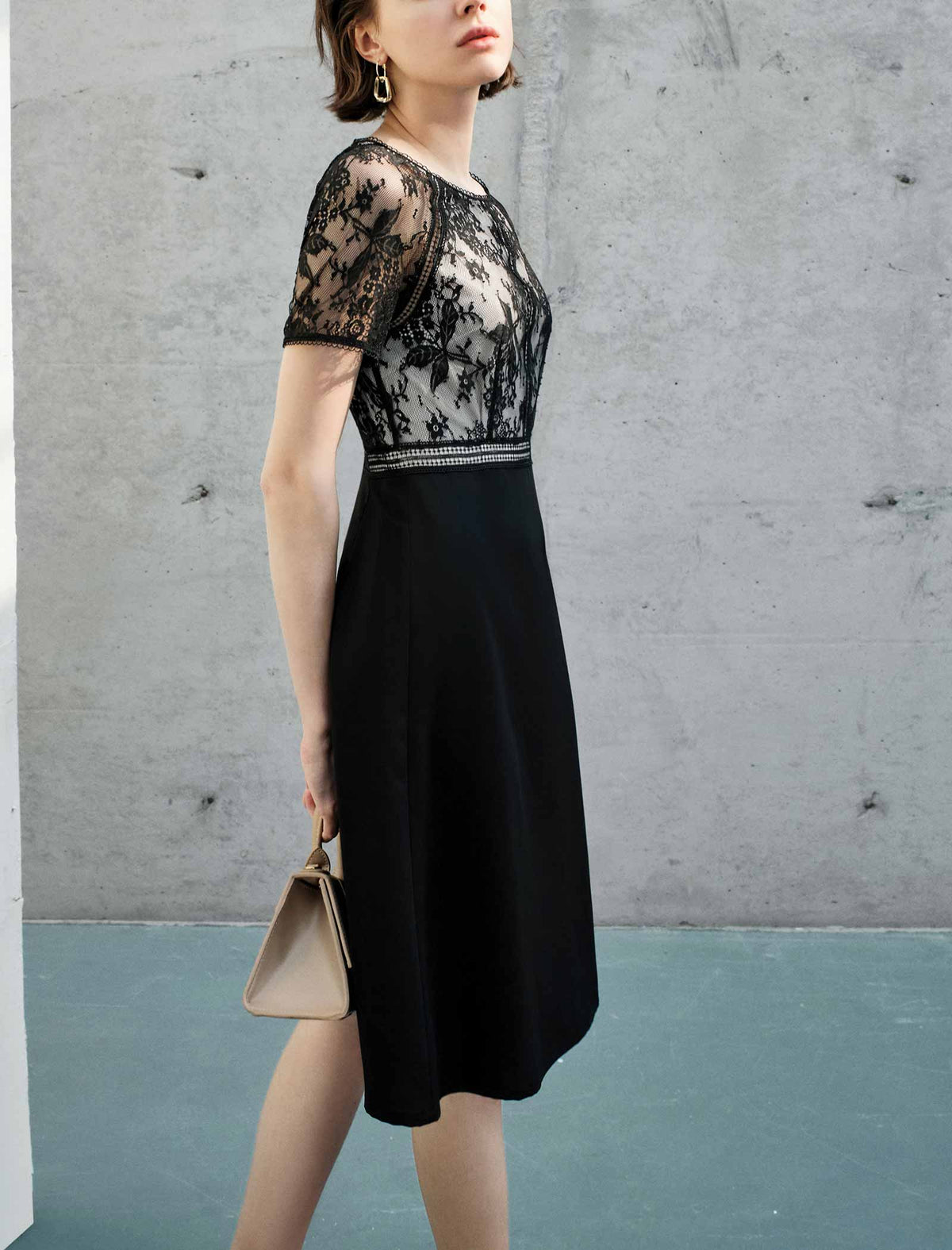 Lace Panel Waist-Cinched Fitted Dress