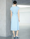 Light Blue Notched Neck Lace Waist Cap Sleeve Midi Dress