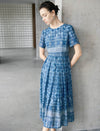Blue Ikat Print Defined-Waist Midi Dress