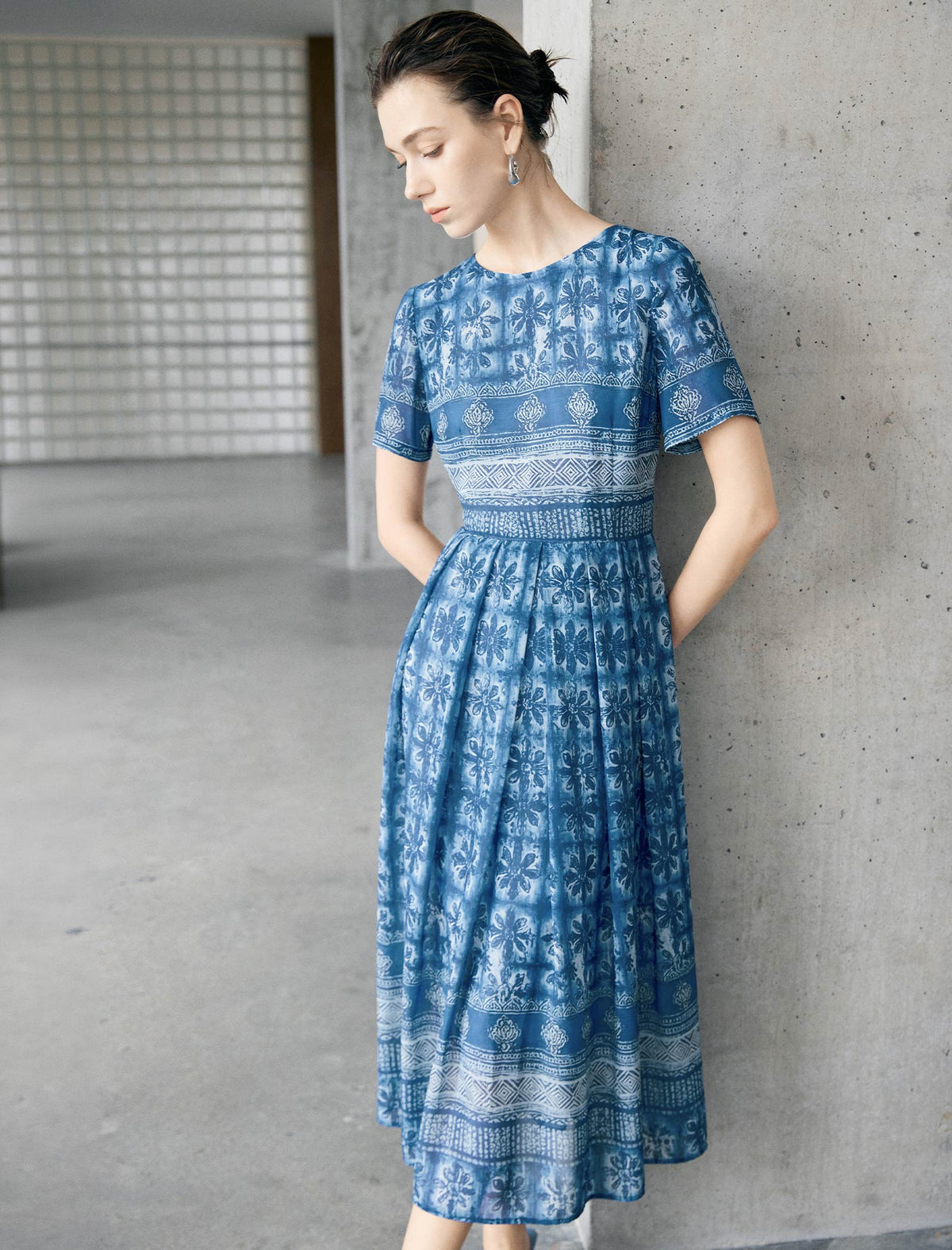 Blue Ikat Print Defined-Waist Midi Dress