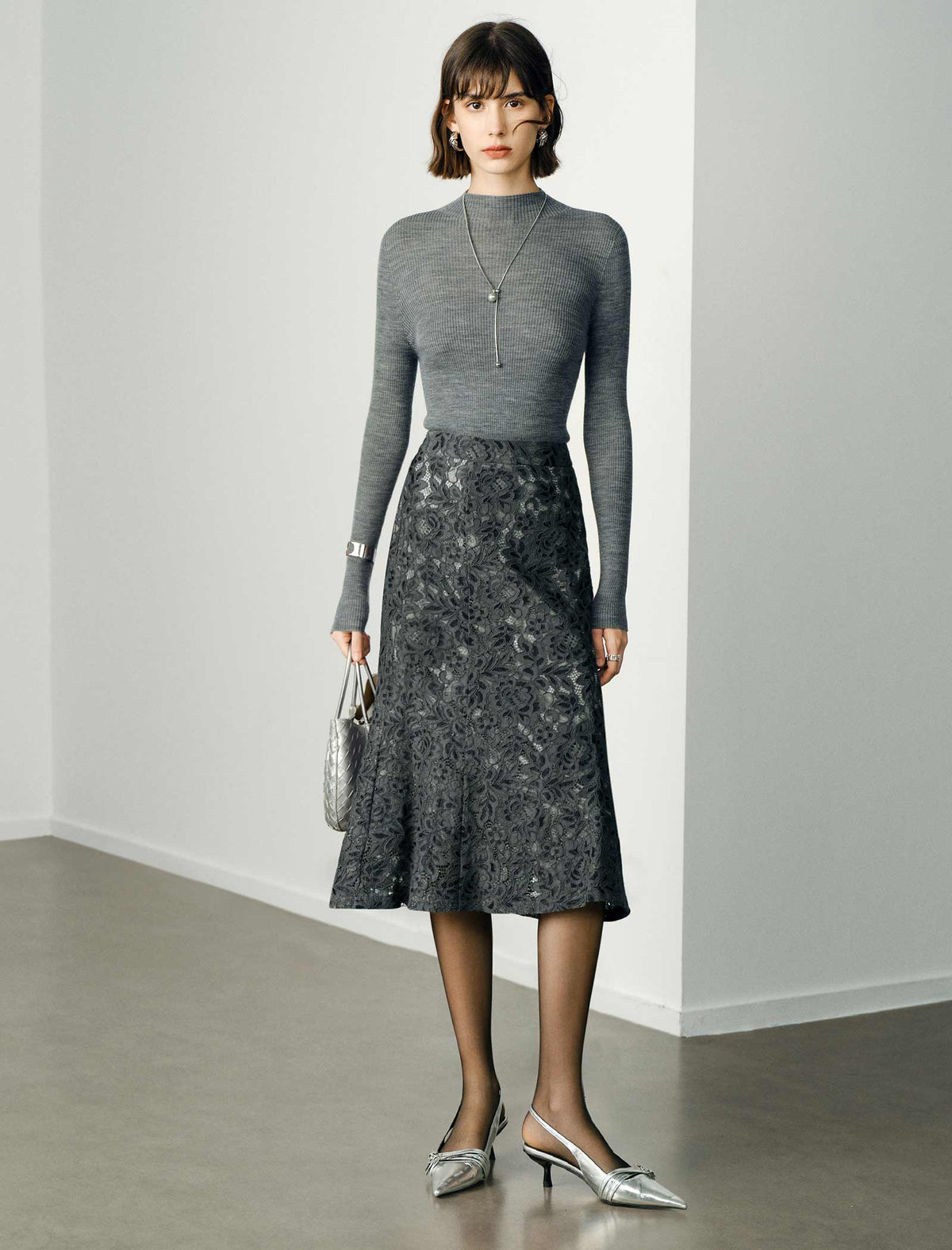 Floral Lace Flared Hem Midi Skirt