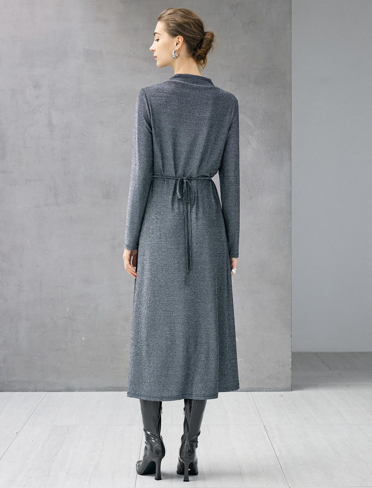 Ruched Stand-Collar Long Sleeve Fitted Dress
