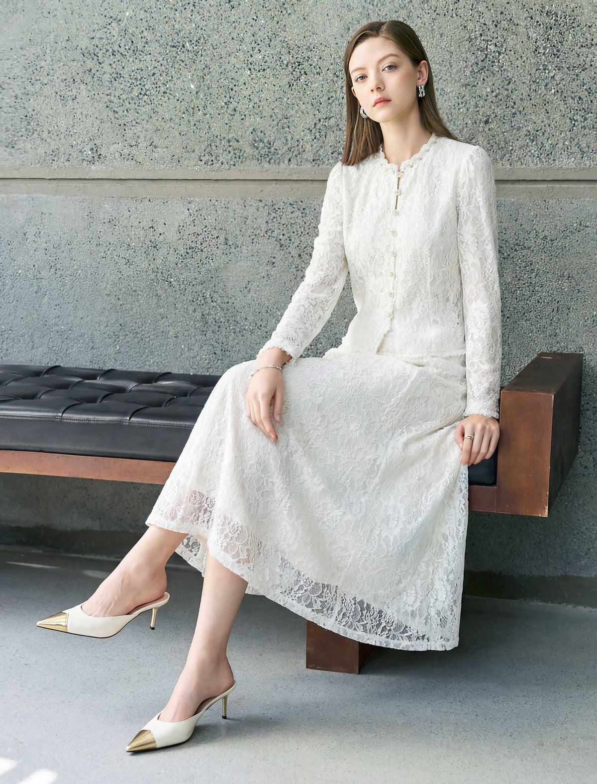 Floral Lace High-Waist A-Line Midi Skirt