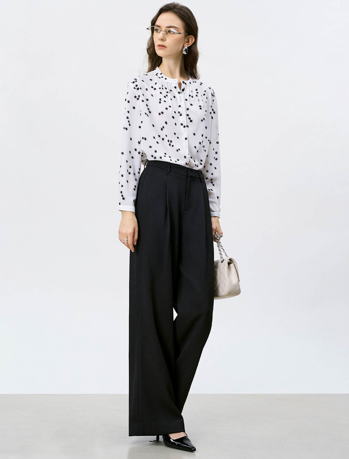 Star Print Mandarin Collar Blouse