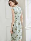 Light Green Gingham Floral Self-Belt Sleeveless Dress