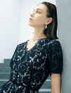 Black Floral Lace V-Neck Short Sleeve Fit And Flare Midi Dress