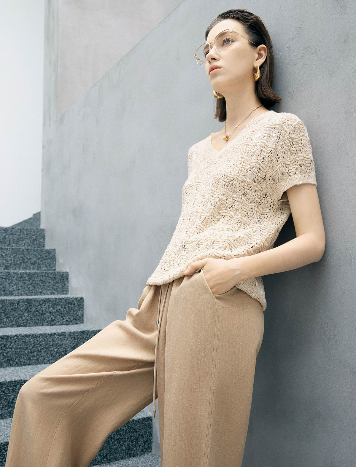 Beige Wave Open Knit V-Neck Short Sleeve Top