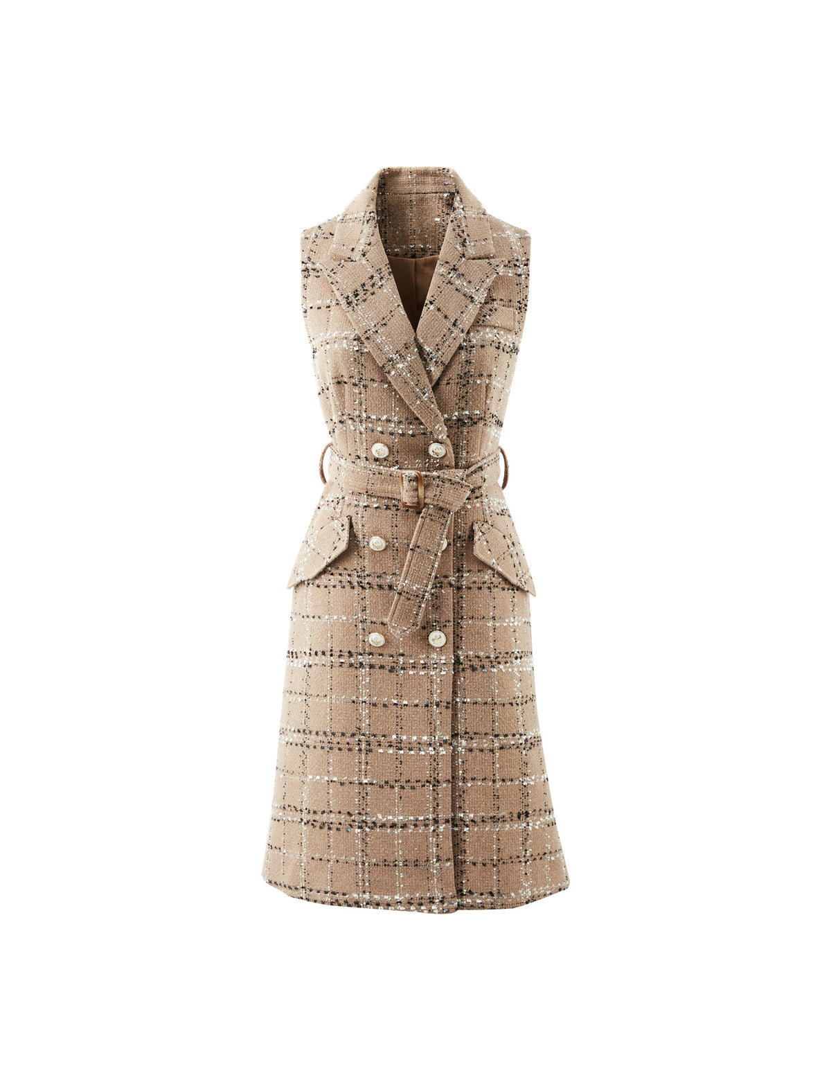 Wool Blend Textured Notched-Lapel Sleeveless Dress