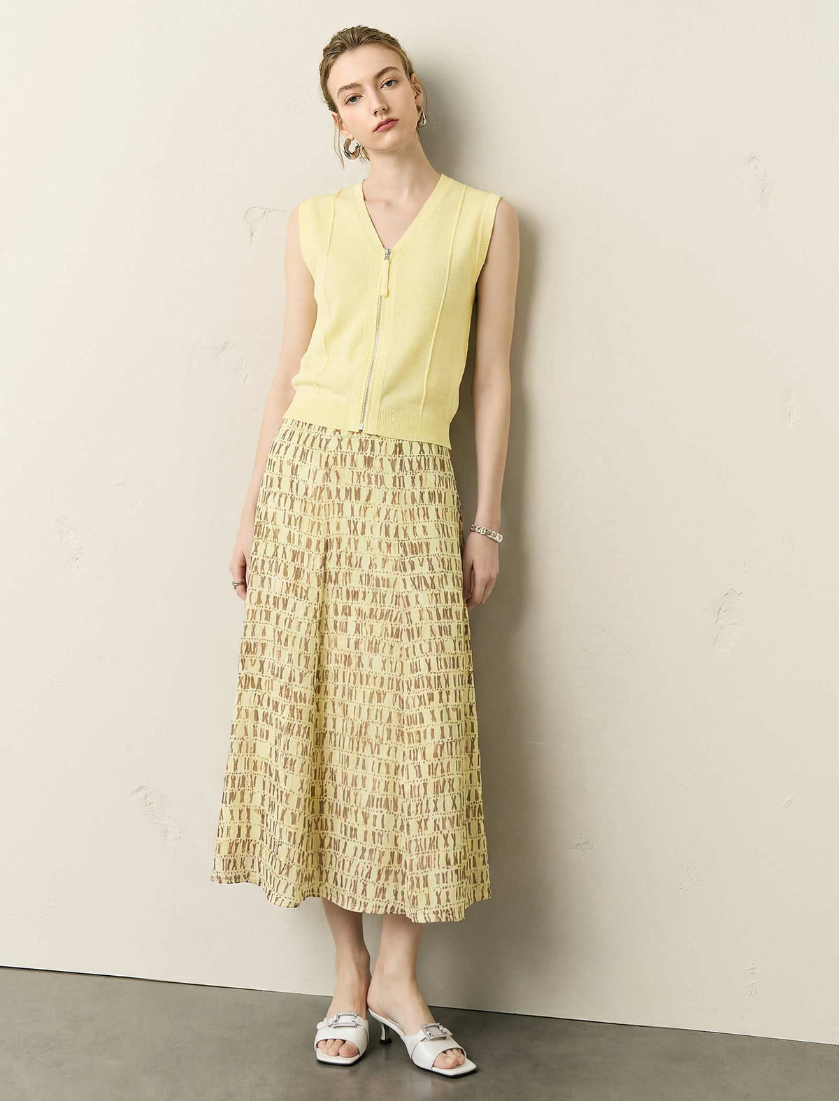 Butter Yellow Printed A-Line Midi Skirt