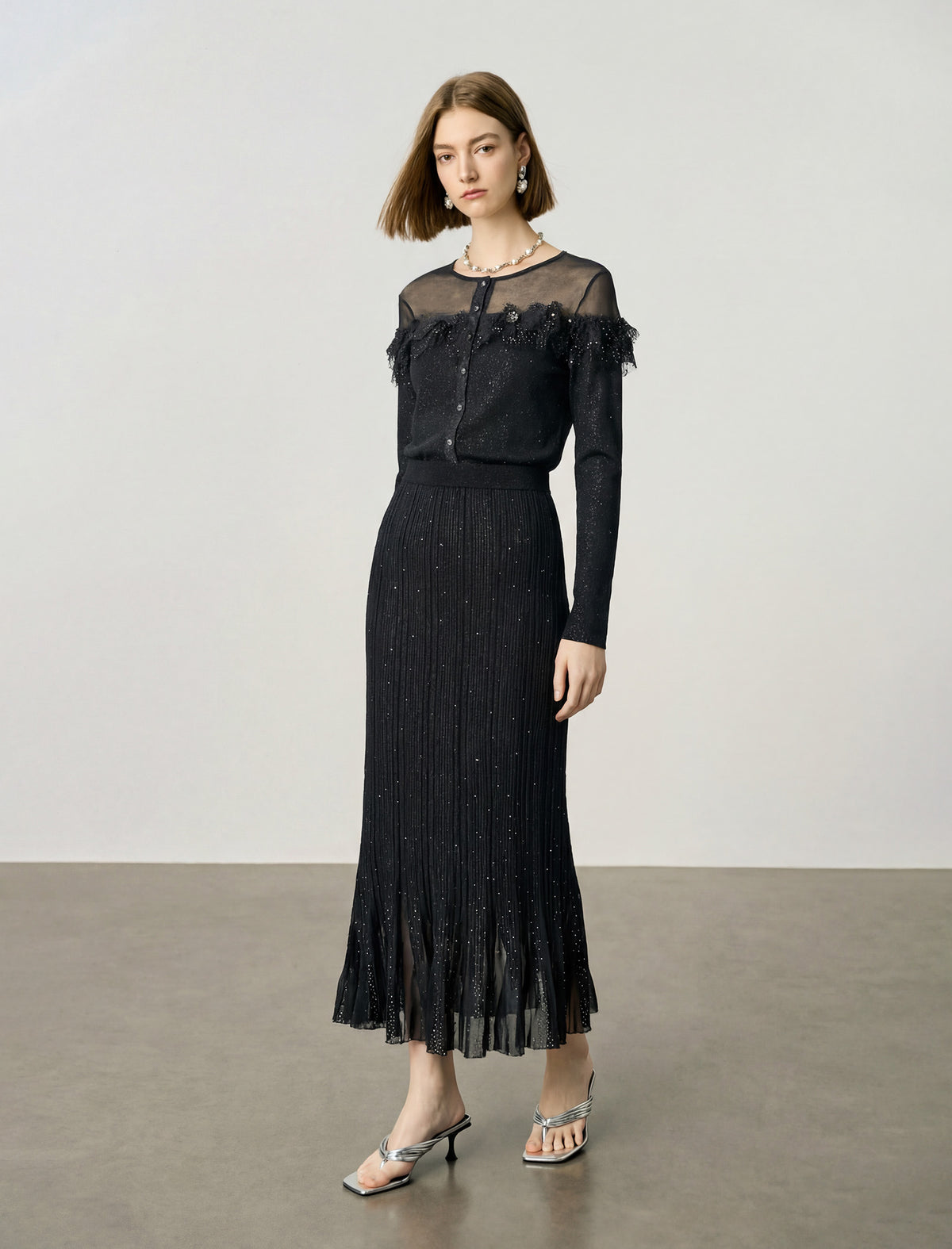 Wool Black Sparkle Pleated Maxi Skirt