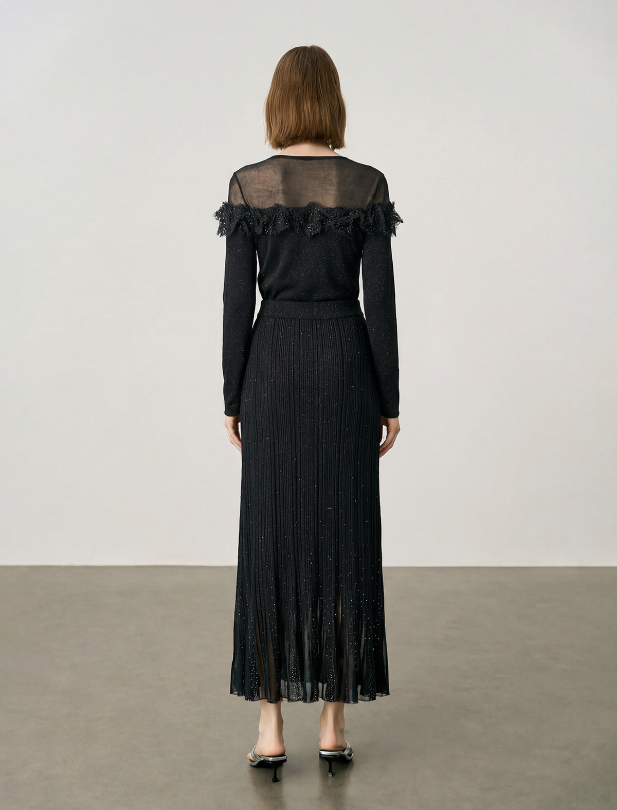 Wool Black Sparkle Pleated Maxi Skirt