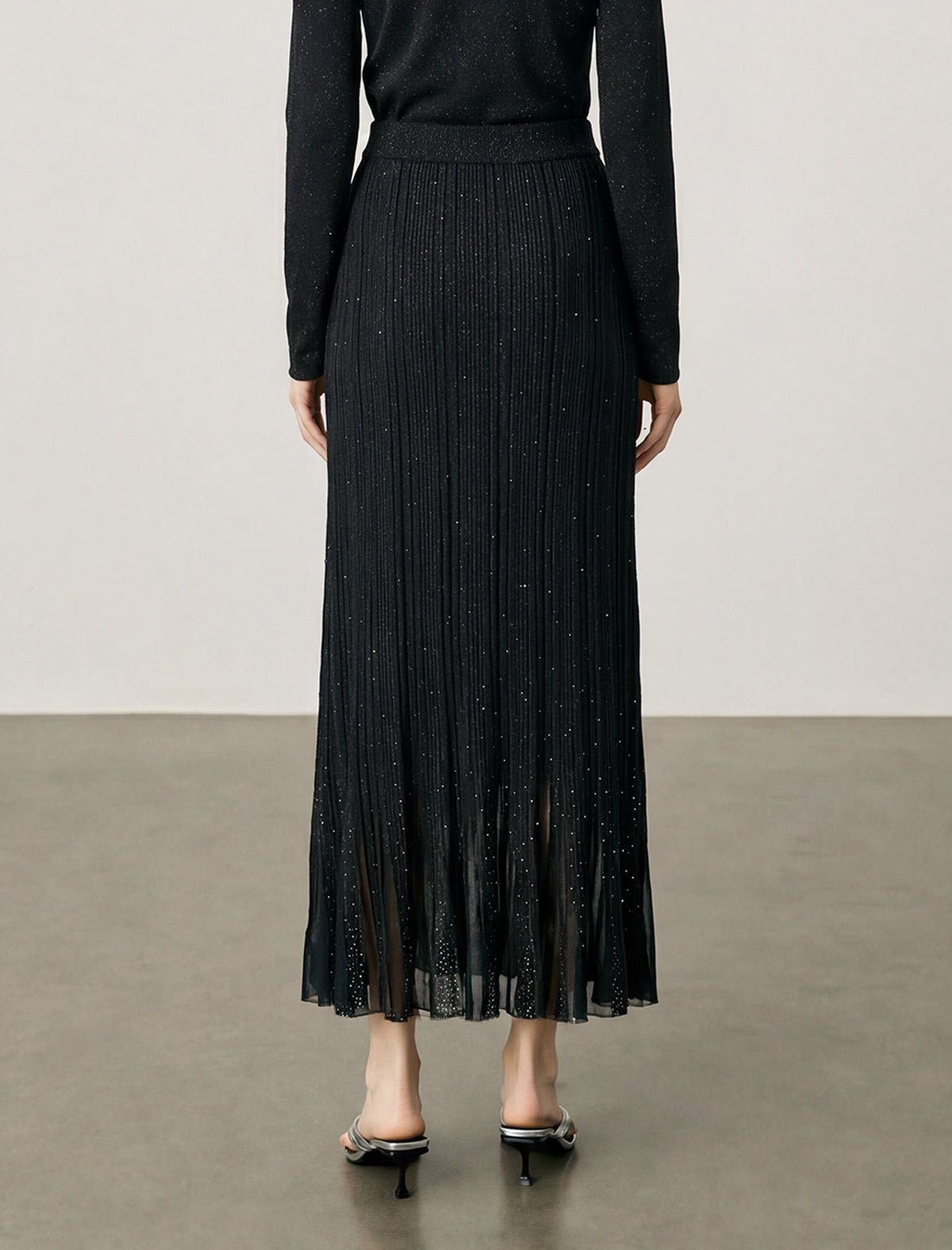 Wool Black Sparkle Pleated Maxi Skirt