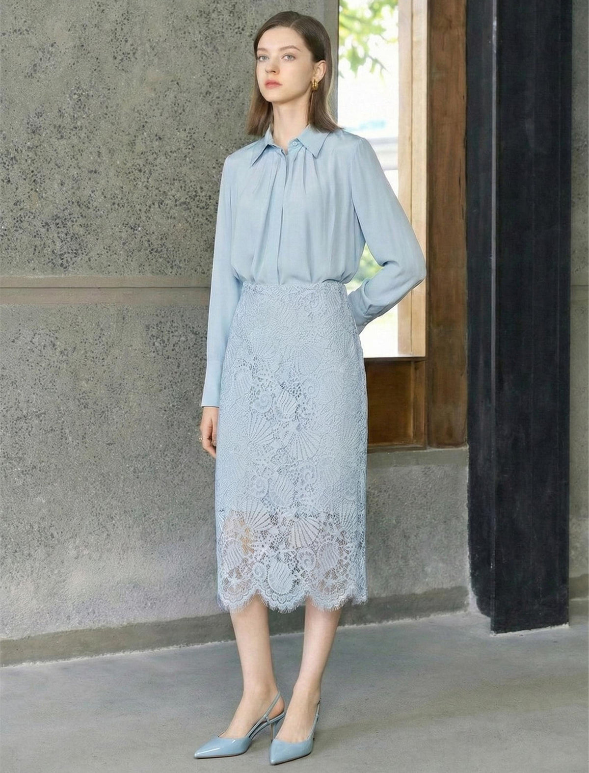 Soft Blue Lace Midi Skirt