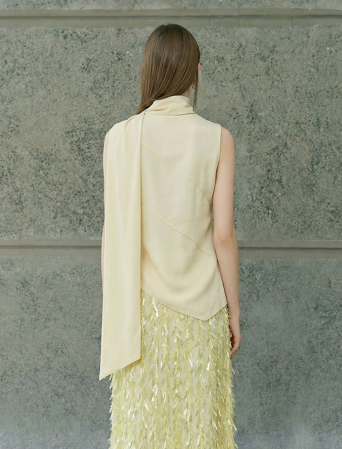 100% Acetate Pale Yellow Scarf Detail Sleeveless Top