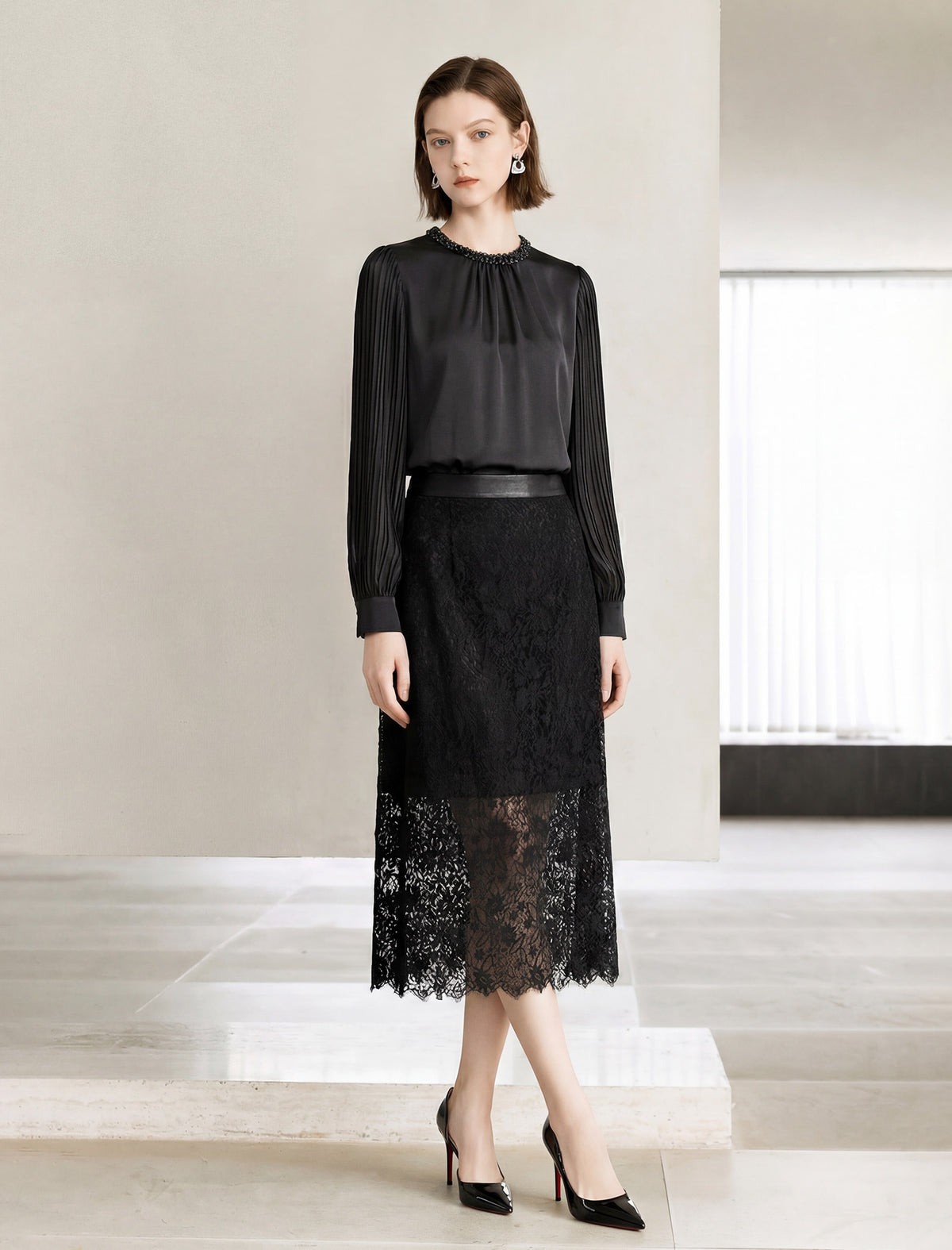 Beaded Neck Pleated Acetate Blouse
