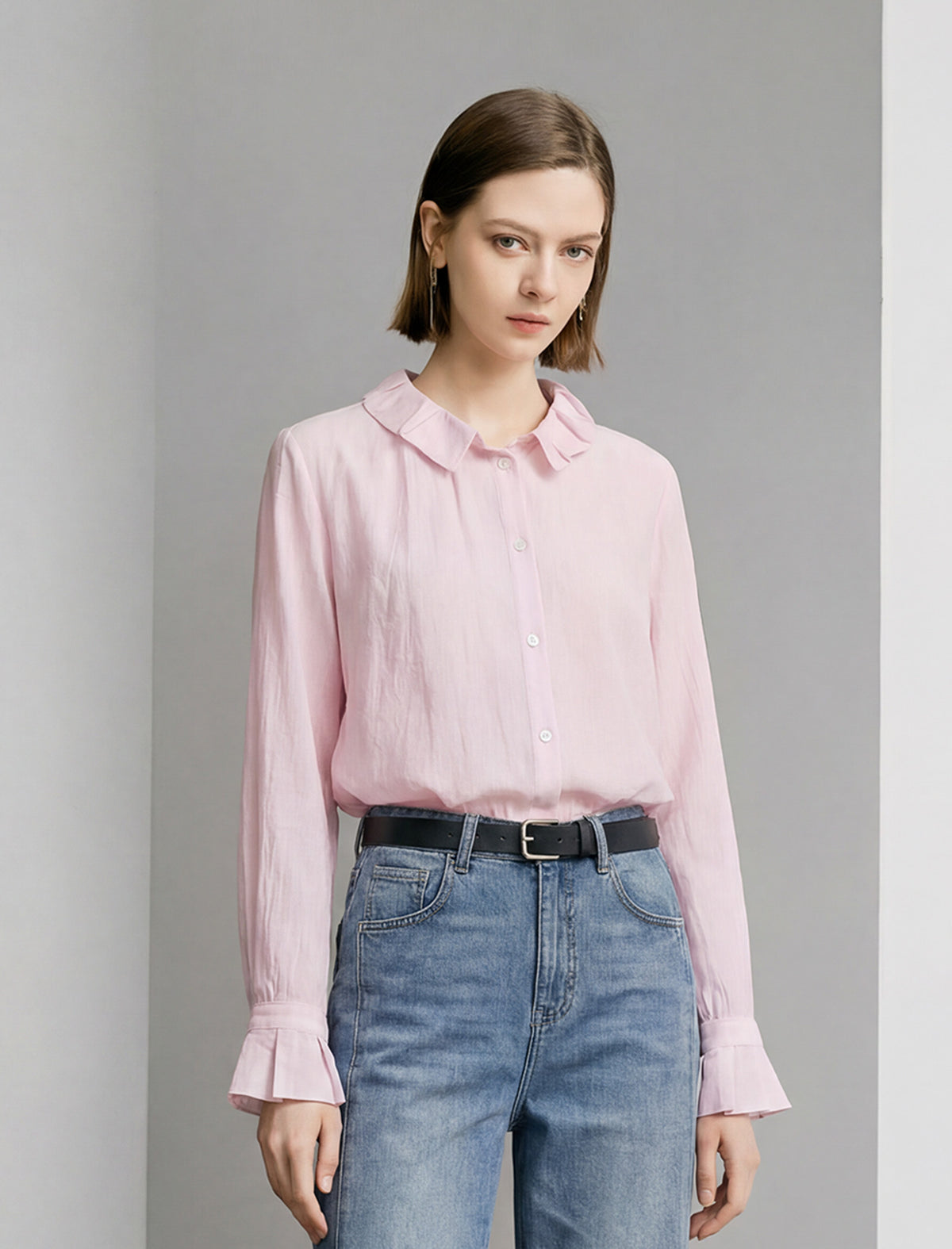 Cashmere Ruffle Detail Button-Down Shirt