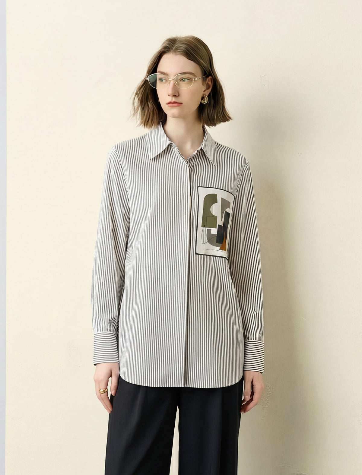 Mulberry Silk Striped Art Print Patch Shirt