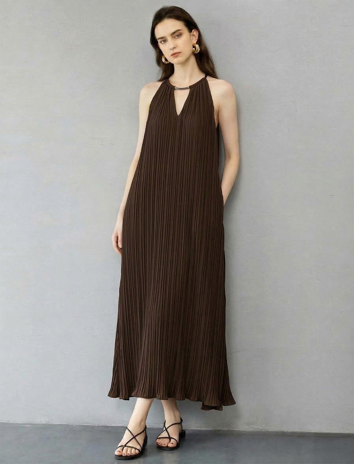 Intricate Pleated Halter Neck Gown