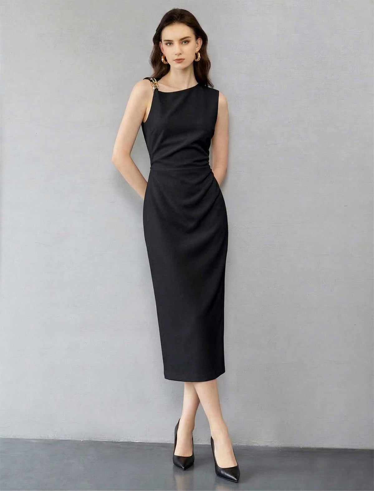 Asymmetric Ruched Metallic Detail Midi Dress