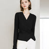 V-Neck Ruched Waist Long Sleeve Top - Black