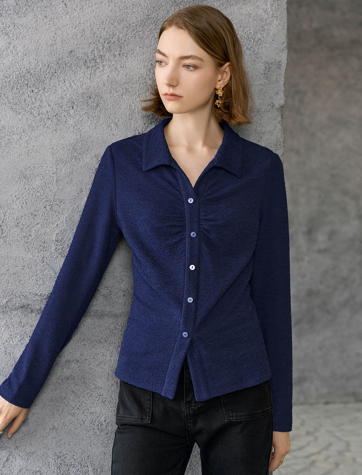 Vintage Pleated Button Textured Detail Polo Shirt