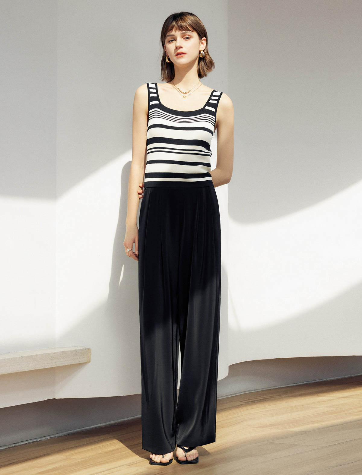 Striped Knit Square Neck Slim Fit Tank Top