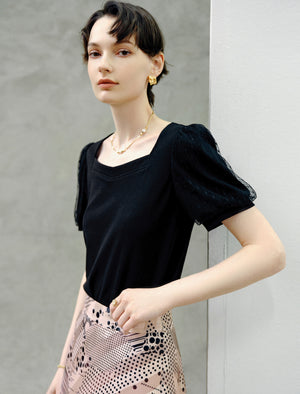 Square Neck Lace Detail Short Sleeve Top