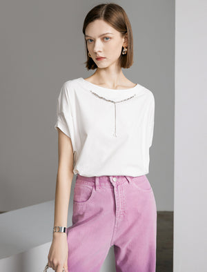 Metal Chain Detail Round Neck Drop Shoulder Short Sleeve Top